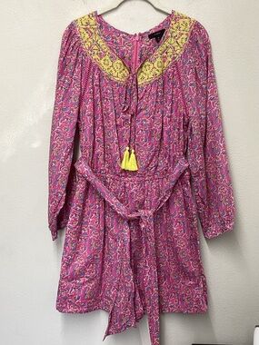 J. Crew Hot Pink Paisley romper with Yellow Crochet Detail